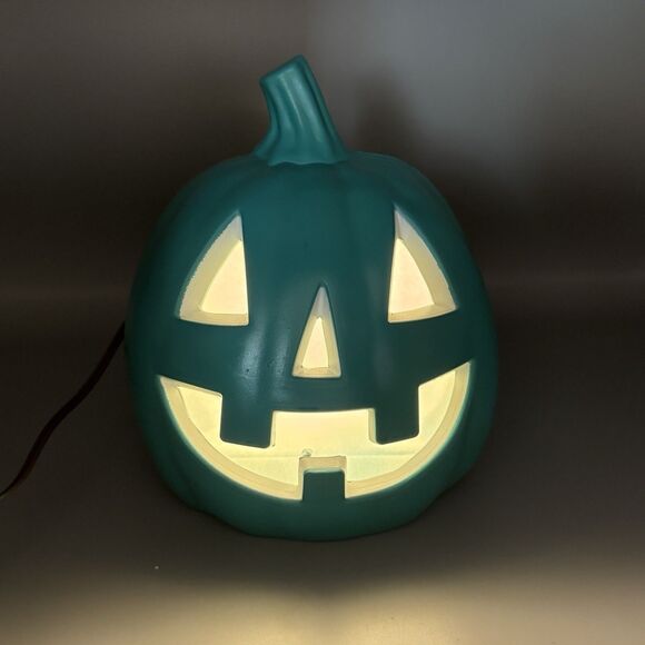 Unmarked Teal Halloween Pumpkin Happy Jack O Lantern Blow Mold Light Up 9" T - Picture 2 of 12